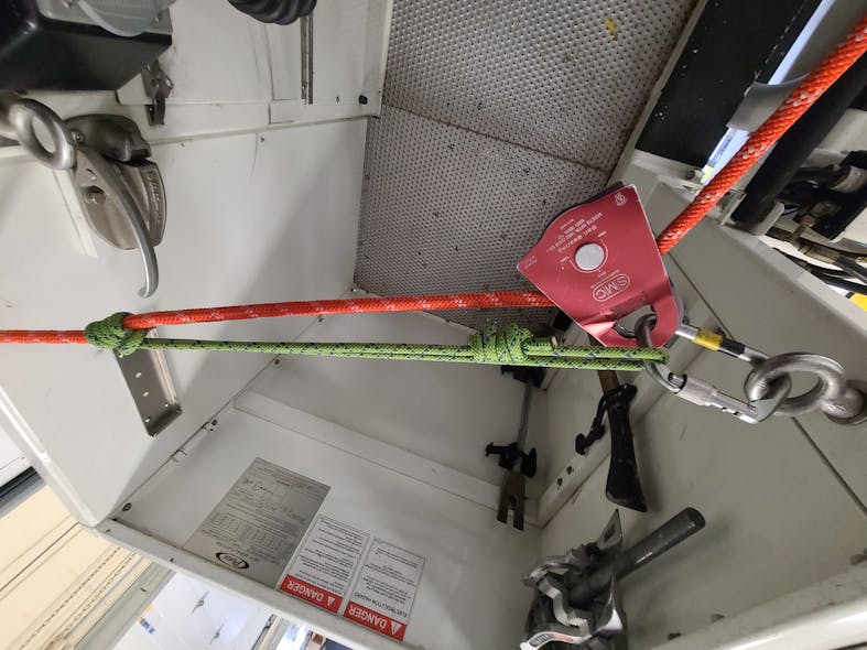 The best way to secure the flag is with a simple rope system that incorporates a utility rope, a Prusik and a pulley. This works well for allowing the flag to be raised and secured while still allowing for minor adjustments.