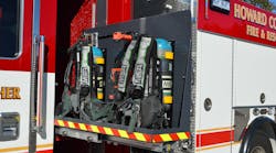 Howard County, MD, Engine 141 is a 2019 KME Predator Severe Service model. It utilizes an extended cab compartment to provide storage space for two SCBAs on each side of the apparatus.