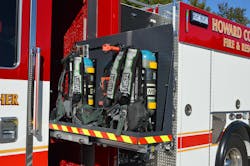 Howard County, MD, Engine 141 is a 2019 KME Predator Severe Service model. It utilizes an extended cab compartment to provide storage space for two SCBAs on each side of the apparatus.