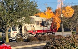 The compressed natural gas (CNG) cylinders on a CNG-powered garbage truck are vented after a fire that erupted on the truck pushed temperatures to in excess of 800 degrees F, as read on a thermal imager. The venting of the cylinders occurred when the pressure relief devices that are located in the valve stem of the cylinders activated. The compressed natural gas (CNG) cylinders on a CNG-powered garbage truck are vented after a fire that erupted on the truck pushed temperatures to in excess of 800 degrees F, as read on a thermal imager. The venting of the cylinders occurred when the pressure relief devices that are located in the valve stem of the cylinders activated.