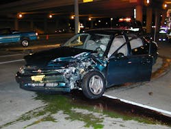 Responders who are on scene must determine what fluid is leaking or spilled. In this case, the green-colored fluid most likely is antifreeze. The darker red-brown fluid should be anticipated to be transmission fluid. Responders who are on scene must determine what fluid is leaking or spilled. In this case, the green-colored fluid most likely is antifreeze. The darker red-brown fluid should be anticipated to be transmission fluid.