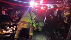CAL FIRE San Diego firefighters rescued two people from the wreckage of a head-on collision in Rincon on Monday.