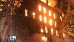 More than 100 FDNY firefighters battled a massive blaze that tore through a vacant five-story building and a historic church early Saturday. More than 100 FDNY firefighters battled a massive blaze that tore through a vacant five-story building and a historic church early Saturday.