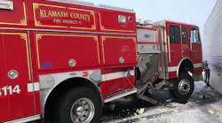 While working the scene of a previous accident Saturday, the same Klamath County, OR, Fire Protection District No. 1 apparatus was struck by two different tractor-trailers along Highway 97 in Klamath Falls.