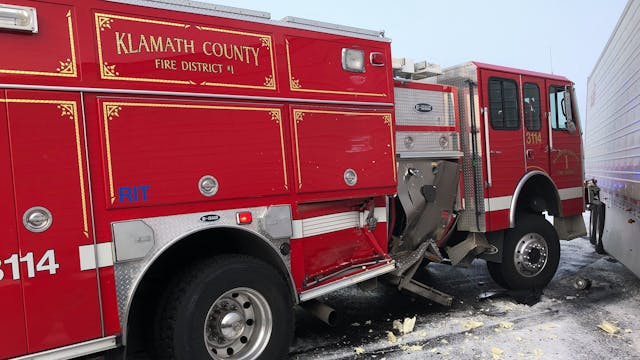While working the scene of a previous accident Saturday, the same Klamath County, OR, Fire Protection District No. 1 apparatus was struck by two different tractor-trailers along Highway 97 in Klamath Falls.