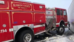 While working the scene of a previous accident Saturday, the same Klamath County, OR, Fire Protection District No. 1 apparatus was struck by two different tractor-trailers along Highway 97 in Klamath Falls. While working the scene of a previous accident Saturday, the same Klamath County, OR, Fire Protection District No. 1 apparatus was struck by two different tractor-trailers along Highway 97 in Klamath Falls.