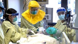 A COVID-19 patient is treated in the ICU at Loma Linda University Medical Center in Los Angeles County. A COVID-19 patient is treated in the ICU at Loma Linda University Medical Center in Los Angeles County.