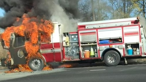 Flames engulfed a Macon-Bibb County, GA, fire apparatus following a call Monday.