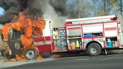 Flames engulfed a Macon-Bibb County, GA, fire apparatus following a call Monday. Flames engulfed a Macon-Bibb County, GA, fire apparatus following a call Monday.