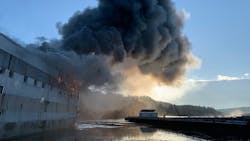 Clackamas, OR, Fire District #1 firefighters used aerials to battle a fire the tore through the closed Blue Heron paper mill in Oregon City on Saturday. Clackamas, OR, Fire District #1 firefighters used aerials to battle a fire the tore through the closed Blue Heron paper mill in Oregon City on Saturday.
