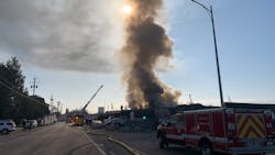 San Jose, CA, firefighters battled a four-alarm blaze that erupted at a roofing business Friday. San Jose, CA, firefighters battled a four-alarm blaze that erupted at a roofing business Friday.