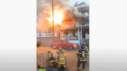 Fireworks explode during a residential fire in Seltzer, PA, on Friday.