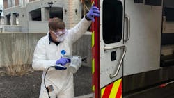 A Portland Fire Department ambulance is decontaminated at the outset of the COVID-19 crisis in April 2020. A Portland Fire Department ambulance is decontaminated at the outset of the COVID-19 crisis in April 2020.