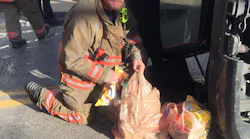 After Cincinnati firefighters rescued a woman following a crash, several of them collected her groceries and delivered them to her apartment Wednesday.