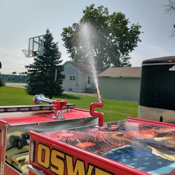 Mike Kalman&apos;s mini-fire apparatus is outfitted with a functioning water cannon that can shoot a continuous stream up to 30 feet for just over five minutes.