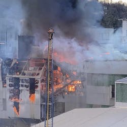 Clackamas, OR, Fire District #1 firefighters used aerials to battle a fire the tore through the closed Blue Heron paper mill in Oregon City on Saturday. Clackamas, OR, Fire District #1 firefighters used aerials to battle a fire the tore through the closed Blue Heron paper mill in Oregon City on Saturday.