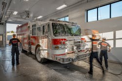 The separate decontamination building was designed to permit apparatus washing, so contaminants that are removed from vehicles don’t wash onto the bay floor in the main building. The separate decontamination building was designed to permit apparatus washing, so contaminants that are removed from vehicles don’t wash onto the bay floor in the main building.
