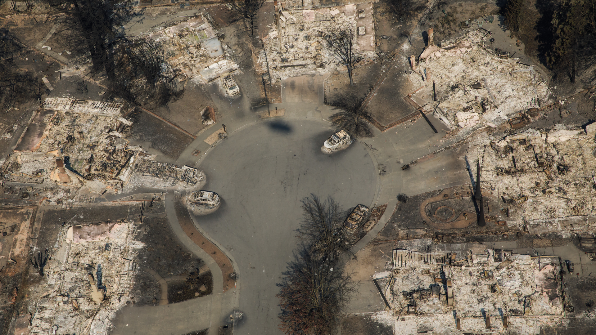 An aerial view of the damage caused by the Tubbs Fire in the Coffey Park neighborhood in Santa Rosa, CA, in October 2017.