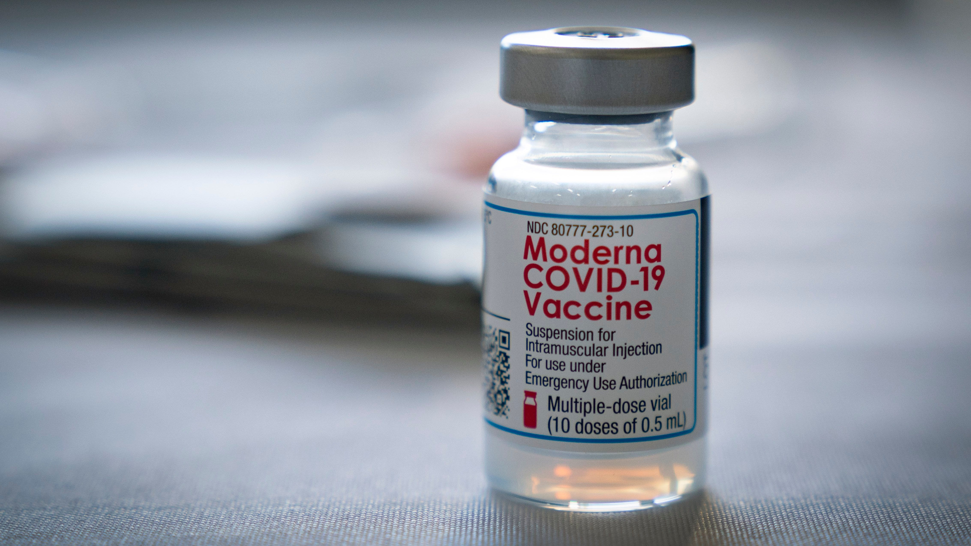 A vial of the Moderna COVID-19 vaccine awaits injection last week at the Tequesta, FL, Fire Department.