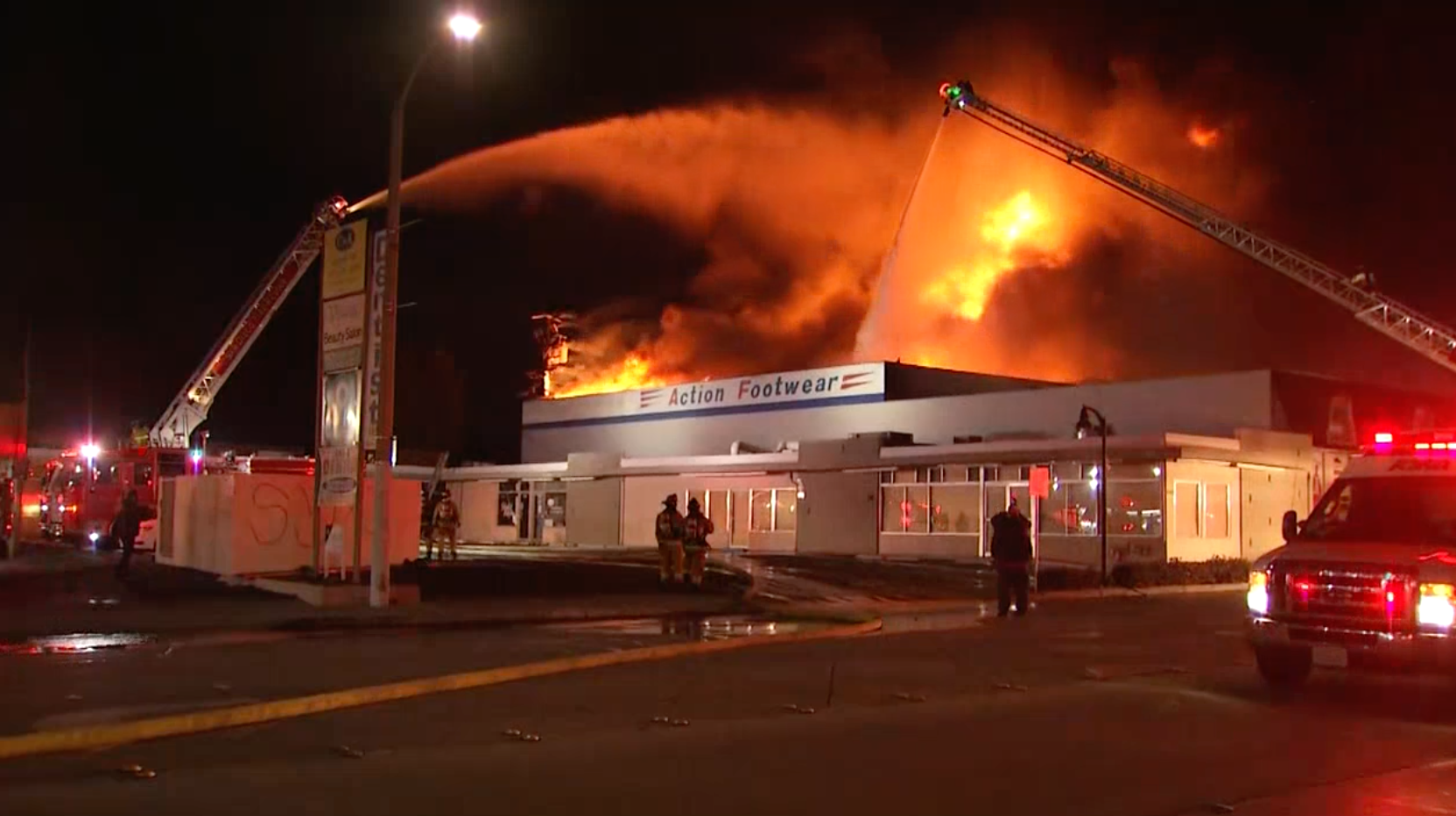 Three firefighters were injured while battling a three-alarm commercial fire in Chula Vista, CA, on Monday.