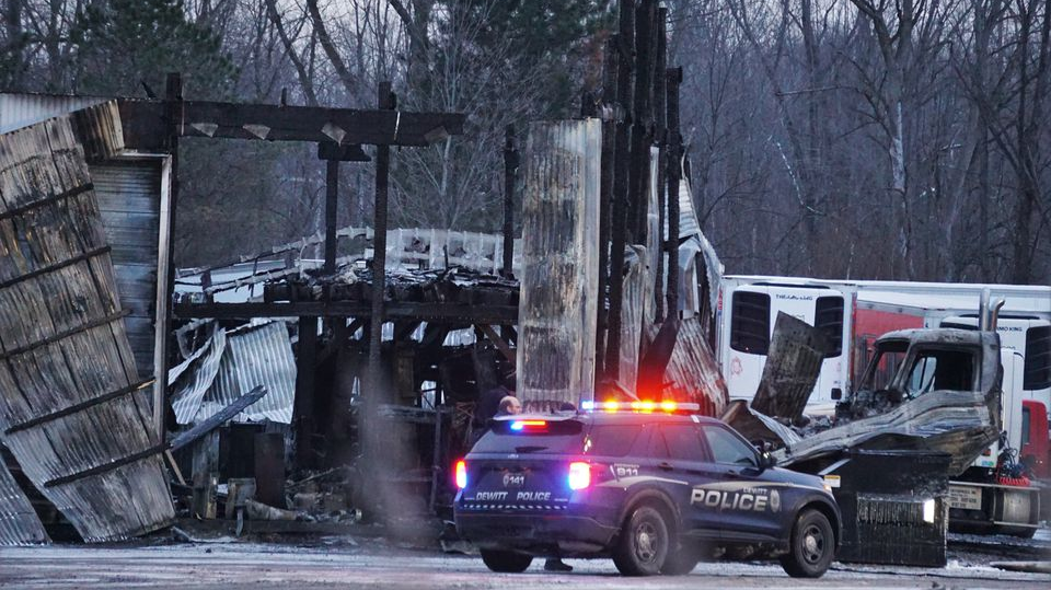 A storage building at Upstate Thermo King in DeWitt, NY, collapsed after a fire Thursday.