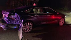 A car crashed twice into a fire apparatus after trying to strike a Harris County, TX, sheriff's deputy at the scene of an accident before trying to flee Sunday. A car crashed twice into a fire apparatus after trying to strike a Harris County, TX, sheriff's deputy at the scene of an accident before trying to flee Sunday.