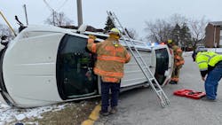 Highland, IN, firefighters freed a woman who was trapped inside her vehicle after a hit-and-run crash with another vehicle Tuesday. Highland, IN, firefighters freed a woman who was trapped inside her vehicle after a hit-and-run crash with another vehicle Tuesday.