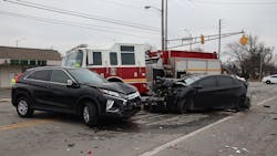 Indianapolis Fire Department's Engine 25 was responding to a call Sunday when it was struck by a car that ran a red light, causing a multivehicle accident that injured several people. Indianapolis Fire Department's Engine 25 was responding to a call Sunday when it was struck by a car that ran a red light, causing a multivehicle accident that injured several people.