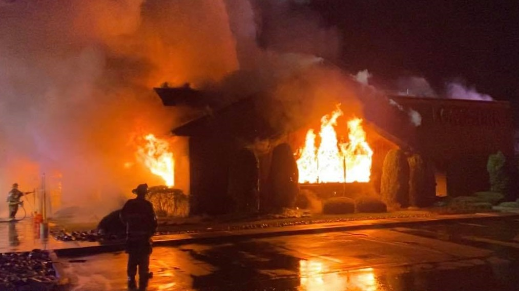 Three Flanders, NJ, firefighters were injured battling a three-alarm fire that destroyed a Mount Olive steakhouse early Tuesday.