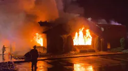 Three Flanders, NJ, firefighters were injured battling a three-alarm fire that destroyed a Mount Olive steakhouse early Tuesday.