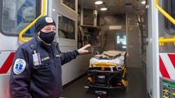 Neptune Township, NJ, EMS manager Bil Rosen demonstrates the agency&apos;s new disinfecting system for ambulances called MEDS (Modular Electrostatic Disinfection System), which will allow ambulances to more quickly return to service after COVID and other infectious disease calls.