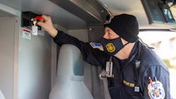 Neptune Township, NJ, EMS manager Bil Rosen demonstrates the new disinfecting system for ambulances. Neptune Township, NJ, EMS manager Bil Rosen demonstrates the new disinfecting system for ambulances.