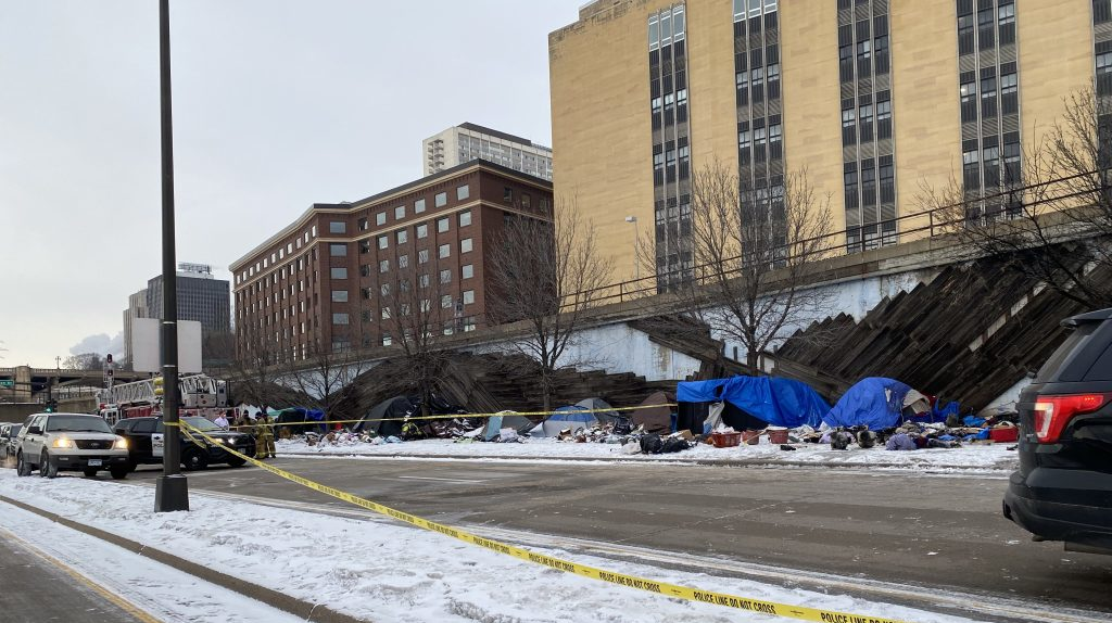 One person was killed and another was injured in a fire at a homeless encampment in downtown St. Paul, MN, on Wednesday.