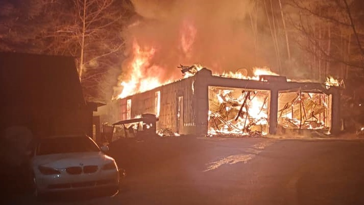 A Strinestown, PA, Community Fire Company firefighter was injured in a fall while battling a two-story garage fire in Conewago Township early Sunday.