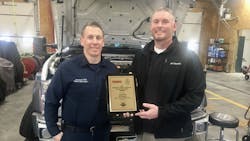 Mike Adams, right, present the 2020 Emergency Vehicle Technician of the Year Award to Capt. Jarrett Hill, Fleet Manager for the Rattle Snake Fire Protection District. Mike Adams, right, present the 2020 Emergency Vehicle Technician of the Year Award to Capt. Jarrett Hill, Fleet Manager for the Rattle Snake Fire Protection District.
