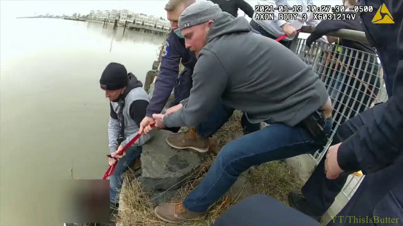Body camera footage captured a Tarrytown, NY, firefighter and two police officers rescuing a woman who jumped into the Hudson River at RiverWalk Park on Wednesday.