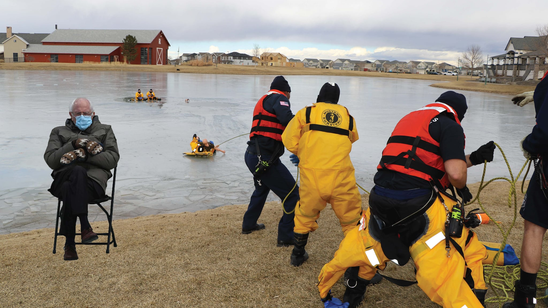 The South Adams County, CO, Fire Department shared this Bernie Sanders meme photo from Friday's ice rescue training.