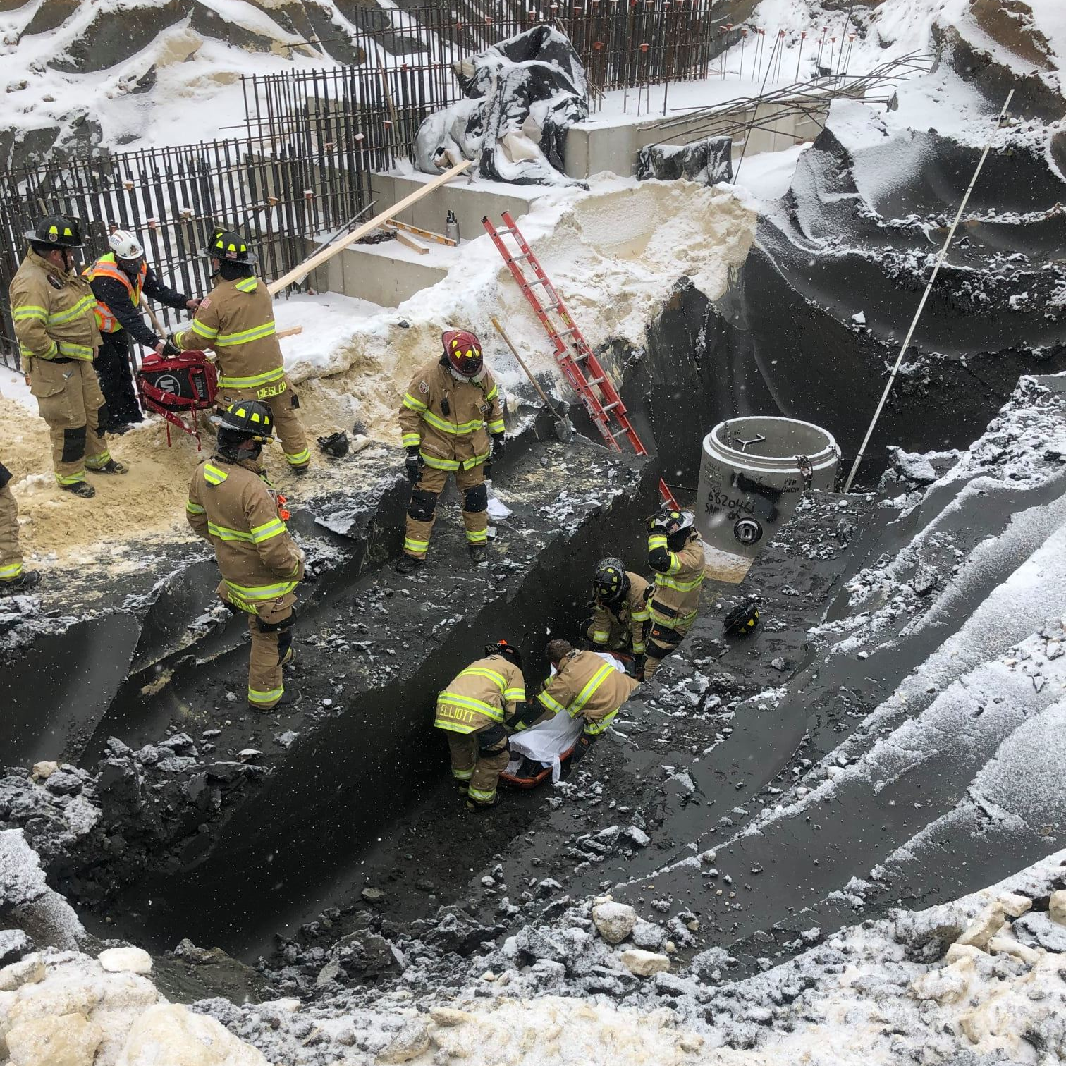 Rochester, MN, firefighters rescued an injured worker who fell 15 to 20 feet into a sloped trench at a construction site Tuesday.