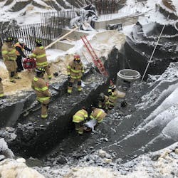 Rochester, MN, firefighters rescued an injured worker who fell 15 to 20 feet into a sloped trench at a construction site Tuesday. Rochester, MN, firefighters rescued an injured worker who fell 15 to 20 feet into a sloped trench at a construction site Tuesday.