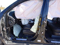 This would be a best-case scenario for a rescue crew&mdash;and probably for the seated and belted driver: All airbags that are near the driver deployed. Note the driver&rsquo;s kneebag that&rsquo;s deployed beneath the dash.