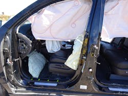 This would be a best-case scenario for a rescue crew—and probably for the seated and belted driver: All airbags that are near the driver deployed. Note the driver’s kneebag that’s deployed beneath the dash. This would be a best-case scenario for a rescue crew—and probably for the seated and belted driver: All airbags that are near the driver deployed. Note the driver’s kneebag that’s deployed beneath the dash.