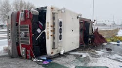 A Billings, MT, Fire Department apparatus was in a rollover crash on Highway 87 while responding to a previous two-vehicle accident Friday. A Billings, MT, Fire Department apparatus was in a rollover crash on Highway 87 while responding to a previous two-vehicle accident Friday.