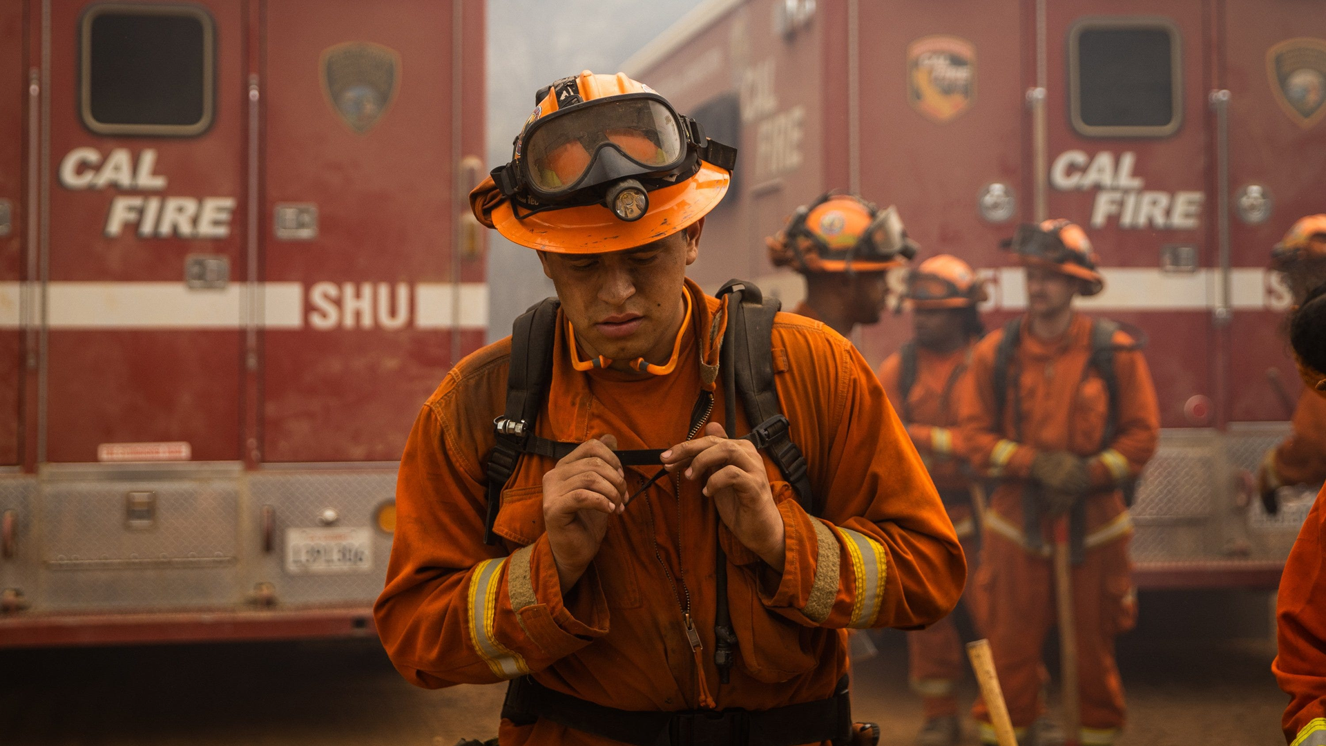 Inmate firefighters with the Sugar Pine Conservation Crew head out to battle the Bear Fire, part of the North Complex Fire, near Oroville, CA, in September.