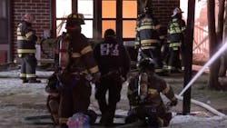Two firefighters were injured battling a four-alarm fire that destroyed a Pleasantville, NJ, warehouse early Tuesday. Two firefighters were injured battling a four-alarm fire that destroyed a Pleasantville, NJ, warehouse early Tuesday.
