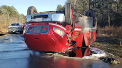 Three Plum Grove, TX, firefighters were injured after the tanker they were in rolled over on the way to a fire call Sunday.