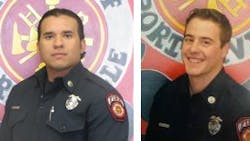 Porterville, CA, Fire Capt. Raymond FIgueroa (left) and firefighter Patrick Jones. Porterville, CA, Fire Capt. Raymond FIgueroa (left) and firefighter Patrick Jones.