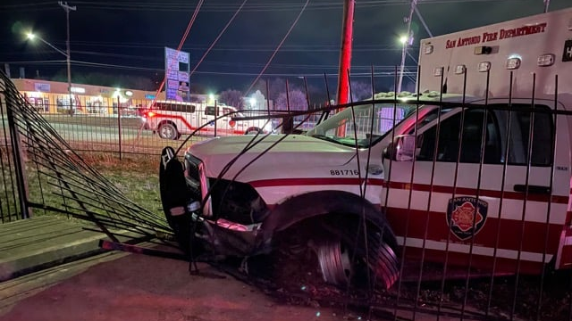 Two San Antonio EMS workers and a patient were injured when an alleged drunken driver struck the emergency vehicle headed to the hospital Monday.