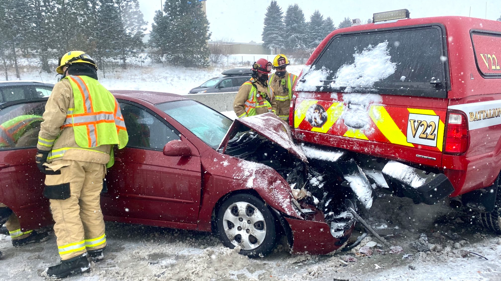 A Spokane Valley, WA, battalion chief's vehicle was rear-ended Monday while the first responder was working at the scene of a previous accident.