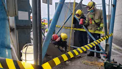 Spokane Valley, WA, firefighters rescued a man who fell 19 feet down a grain elevator at a processing plant Monday. Spokane Valley, WA, firefighters rescued a man who fell 19 feet down a grain elevator at a processing plant Monday.