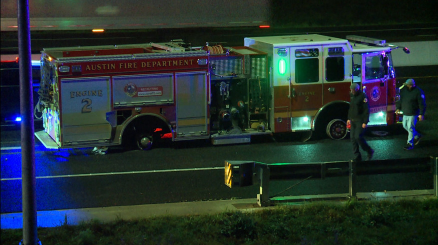 Austin, TX, Fire Department's Engine 2 sits on its rims after law enforcement used spike strips to apprehend a man who stole the rig and led them on a 90-minute chase on Wednesday, Feb. 11, 2021.